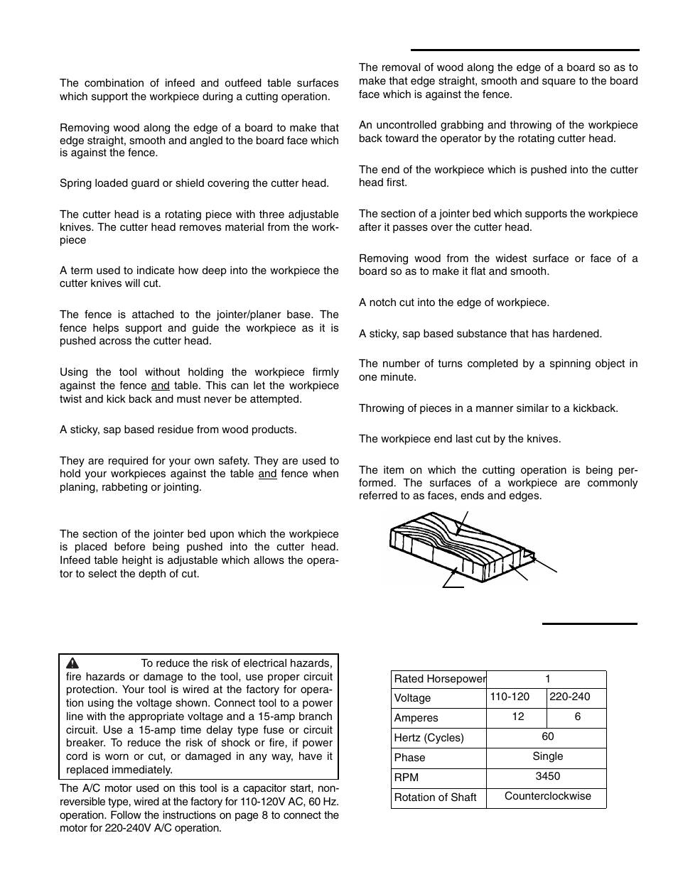 Glossary of terms for woodworking, Motor specifications and electrical requirements, Power supply and motor specifications | RIDGID JP0610 User Manual | Page 7 / 44