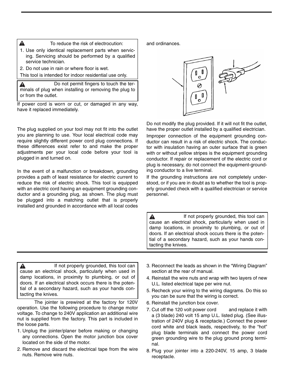 General electrical connections, 120 volt, 60 hz. tool information, Changing motor voltage | Reinstall the junction box cover | RIDGID JP0610 User Manual | Page 8 / 44