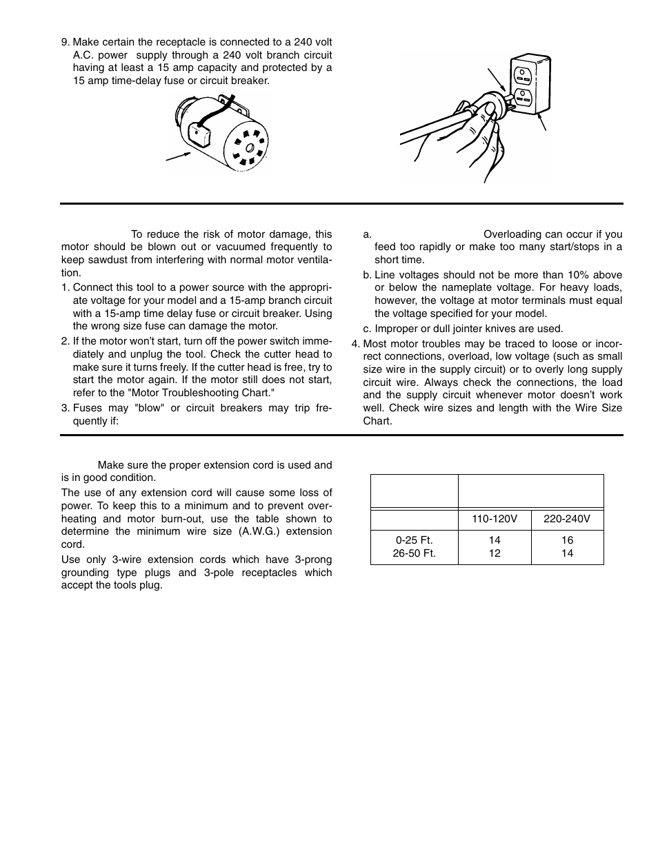 Motor safety protection, C. improper or dull jointer knives are used, Wire sizes | RIDGID JP0610 User Manual | Page 9 / 44