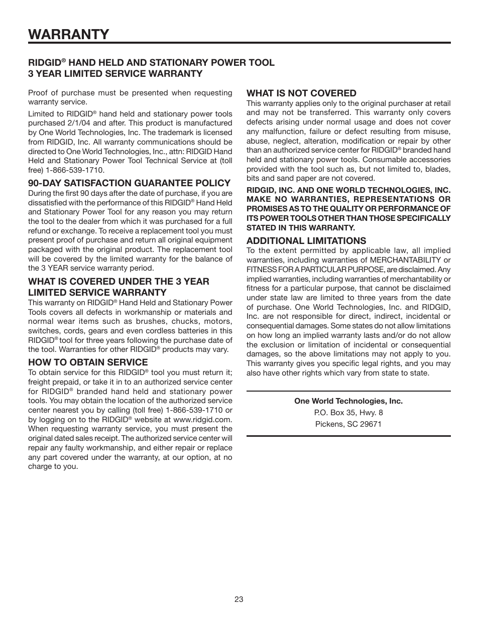 Warranty, Day satisfaction guarantee policy, How to obtain service | Ridgid, Additional limitations | RIDGID R3203-1 User Manual | Page 23 / 24