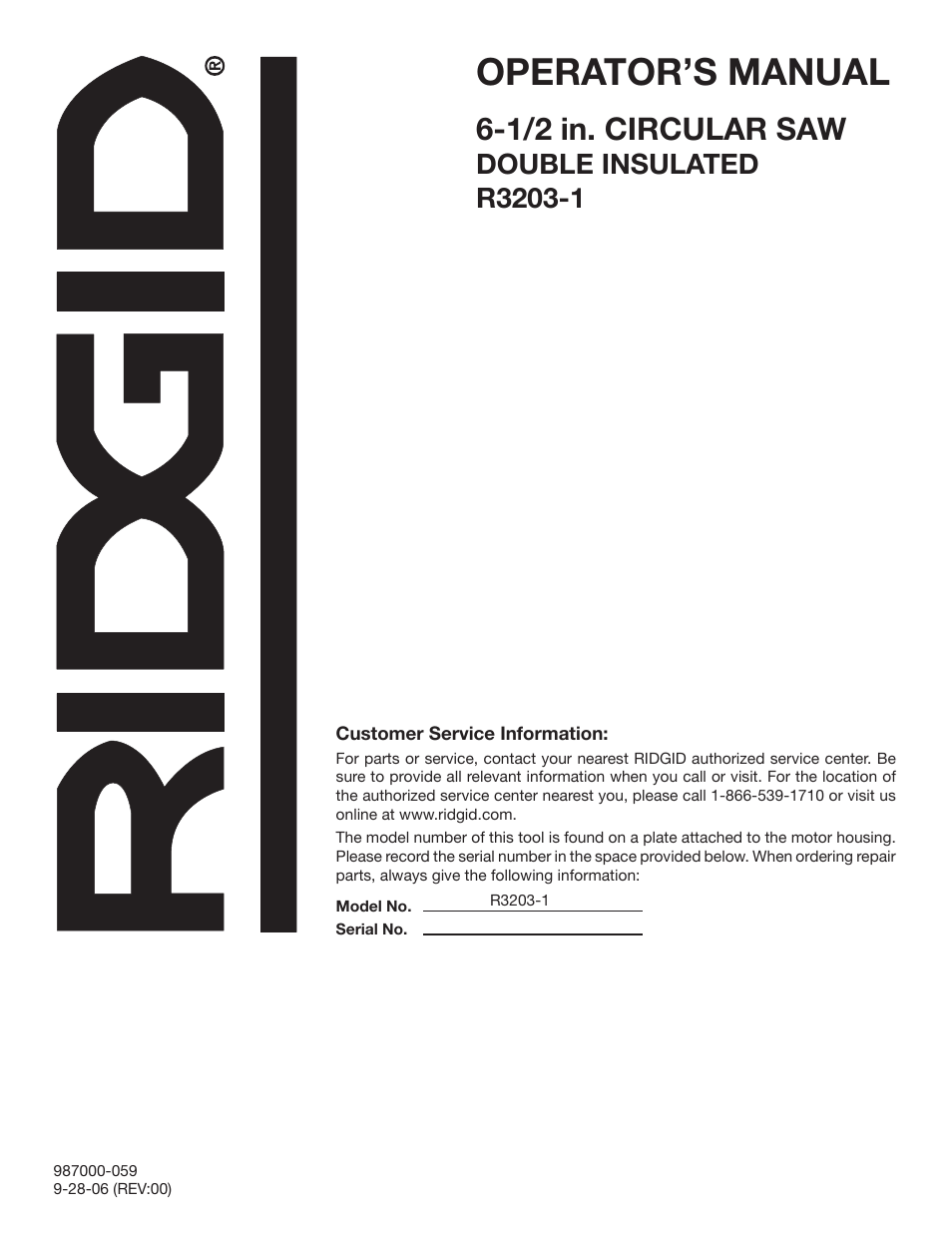 Operator’s manual, 1/2 in. circular saw | RIDGID R3203-1 User Manual | Page 24 / 24