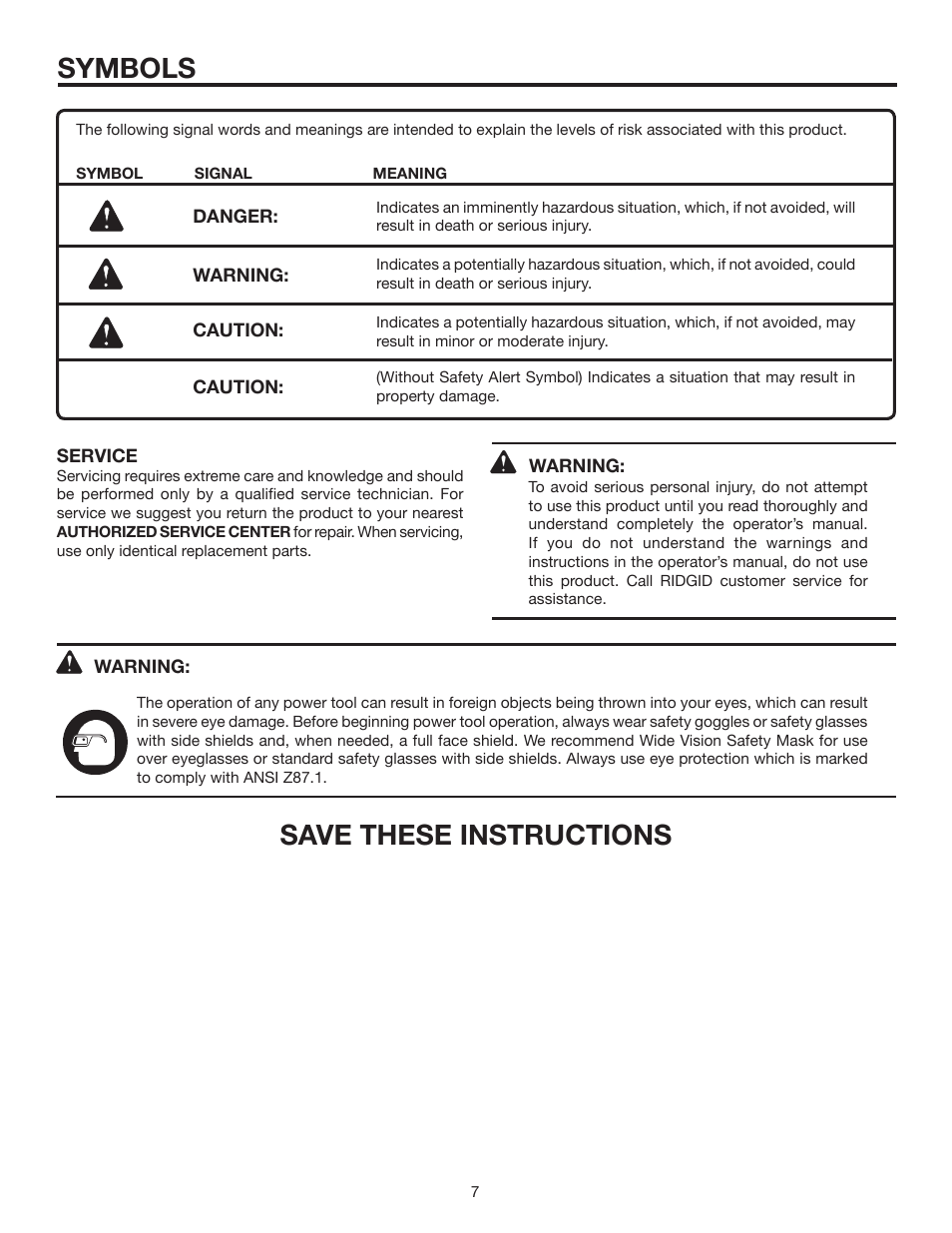 Symbols, Save these instructions | RIDGID R3203-1 User Manual | Page 7 / 24
