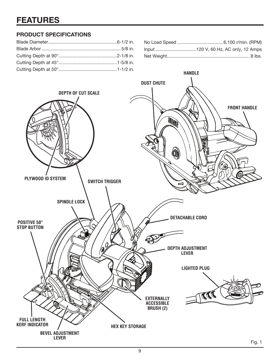 Features, Product specifications | RIDGID R3203-1 User Manual | Page 9 / 24