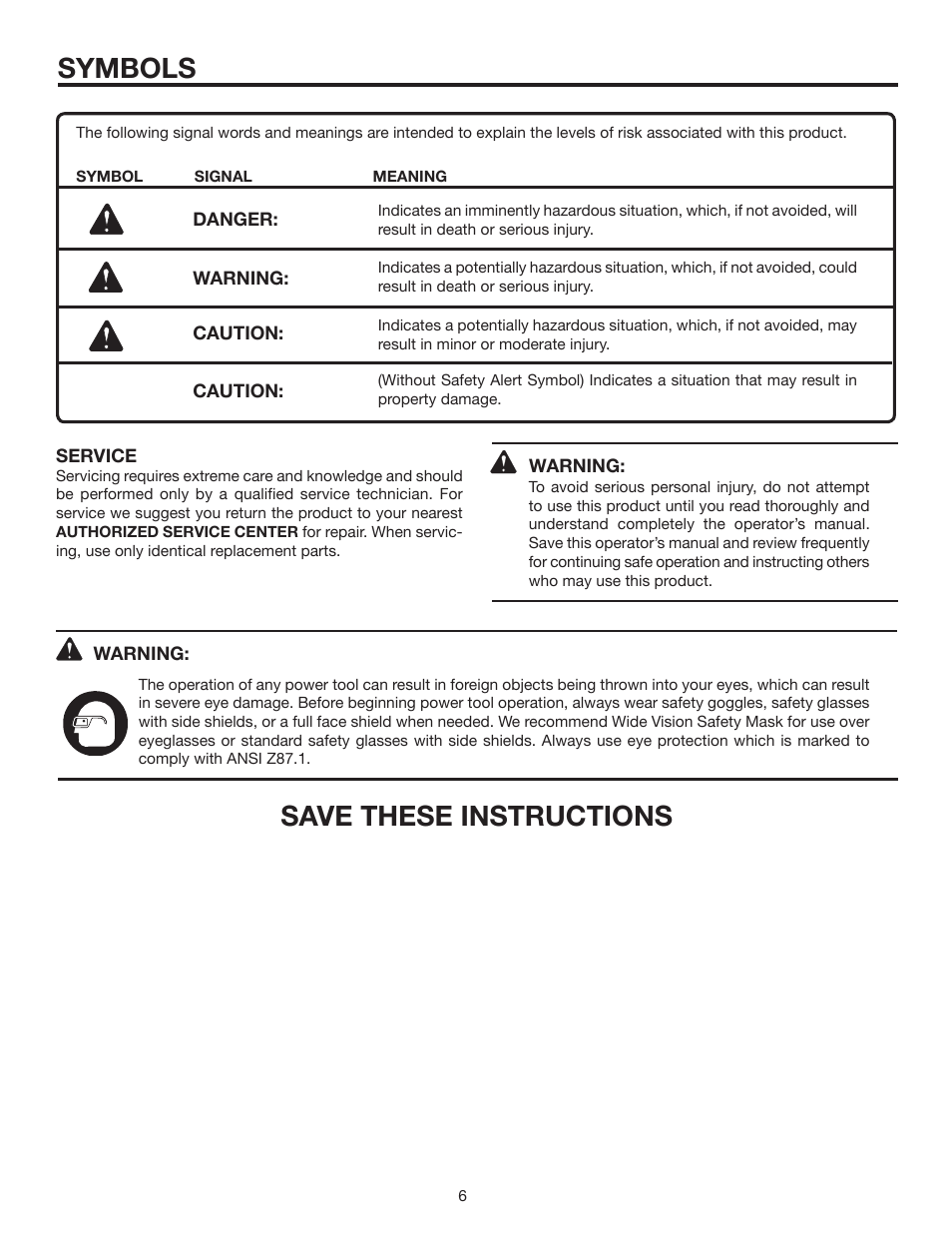 Symbols, Save these instructions | RIDGID R2500 User Manual | Page 6 / 16