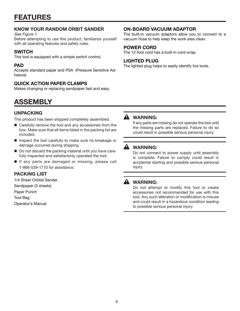 Features, Assembly | RIDGID R2500 User Manual | Page 9 / 16