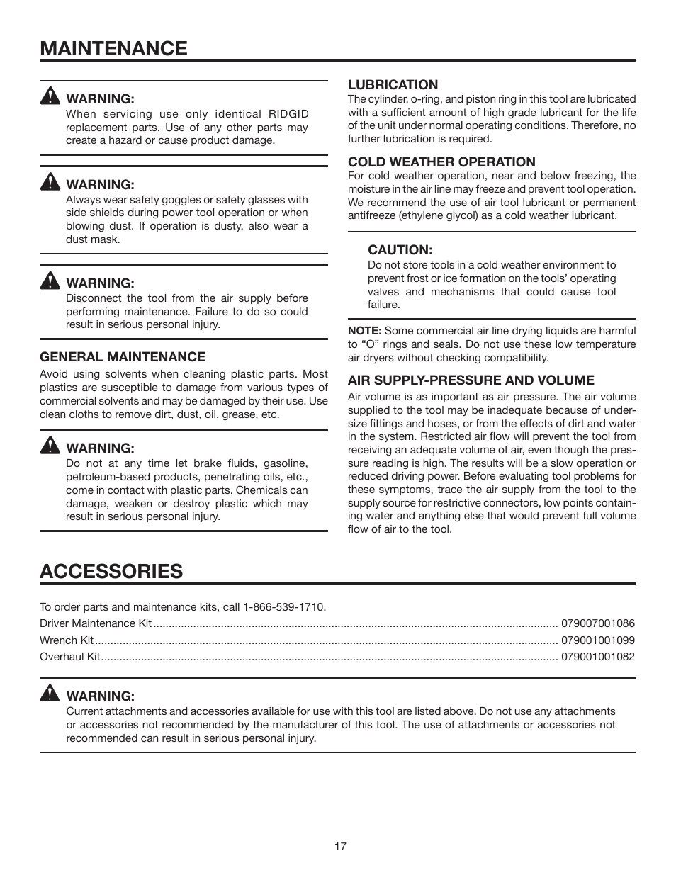Maintenance, Accessories | RIDGID R213BNA User Manual | Page 17 / 20