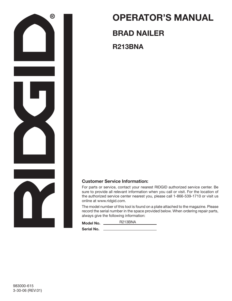 Operator’s manual, Brad nailer, R213bna | RIDGID R213BNA User Manual | Page 20 / 20