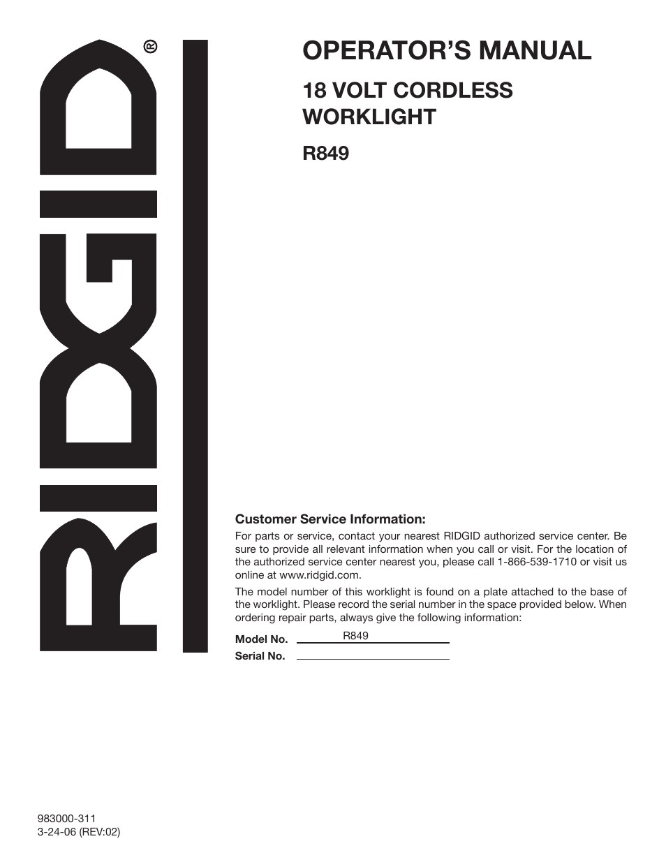 Operator’s manual, 18 volt cordless worklight, R849 | RIDGID R849 User Manual | Page 16 / 16