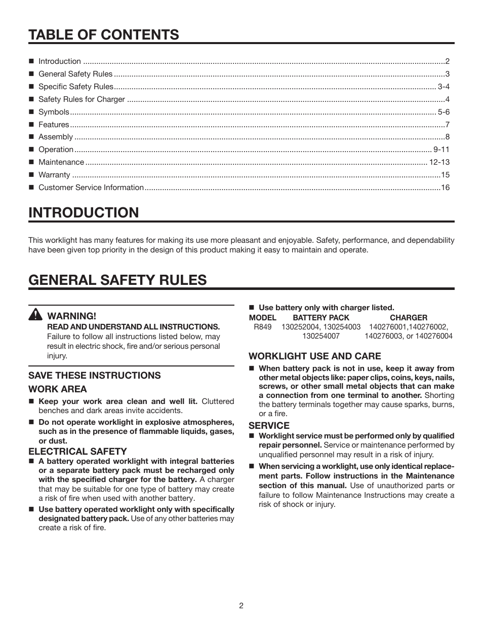 Table of contents introduction, General safety rules | RIDGID R849 User Manual | Page 2 / 16
