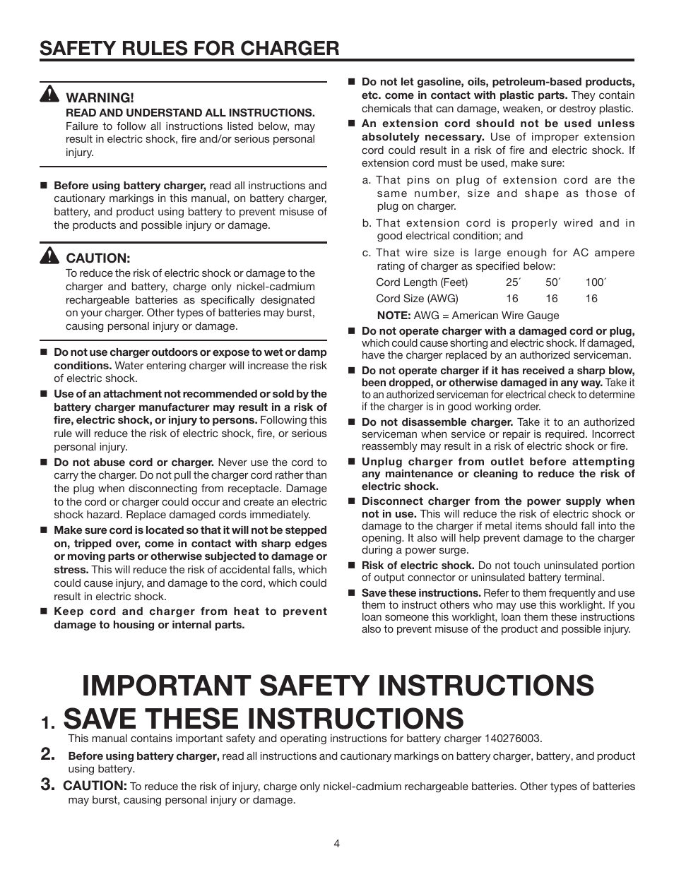 Important safety instructions, Save these instructions, Safety rules for charger | RIDGID R849 User Manual | Page 4 / 16
