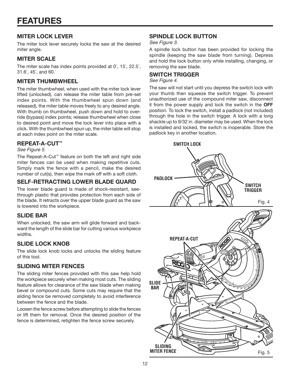 Features | RIDGID MS1290LZA User Manual | Page 12 / 40