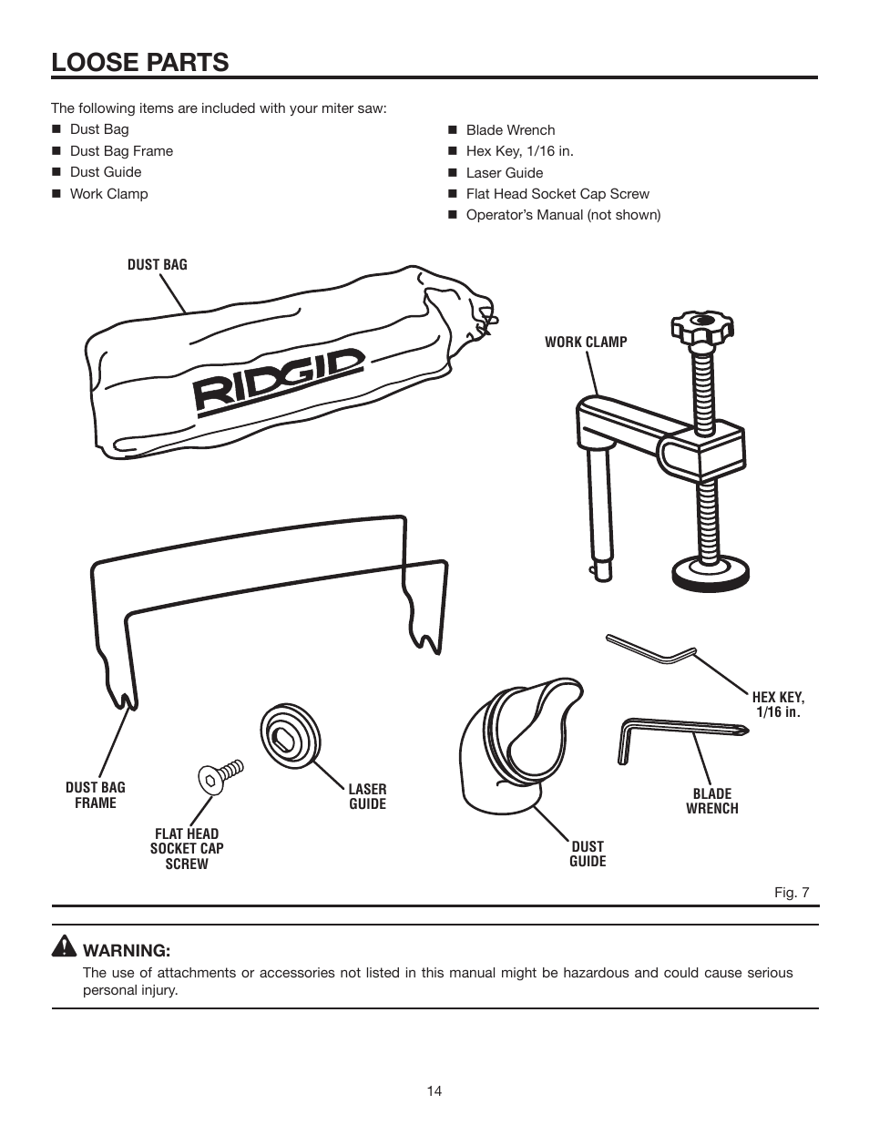 Loose parts | RIDGID MS1290LZA User Manual | Page 14 / 40