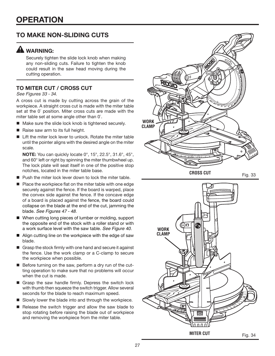 Operation, Warning | RIDGID MS1290LZA User Manual | Page 27 / 40