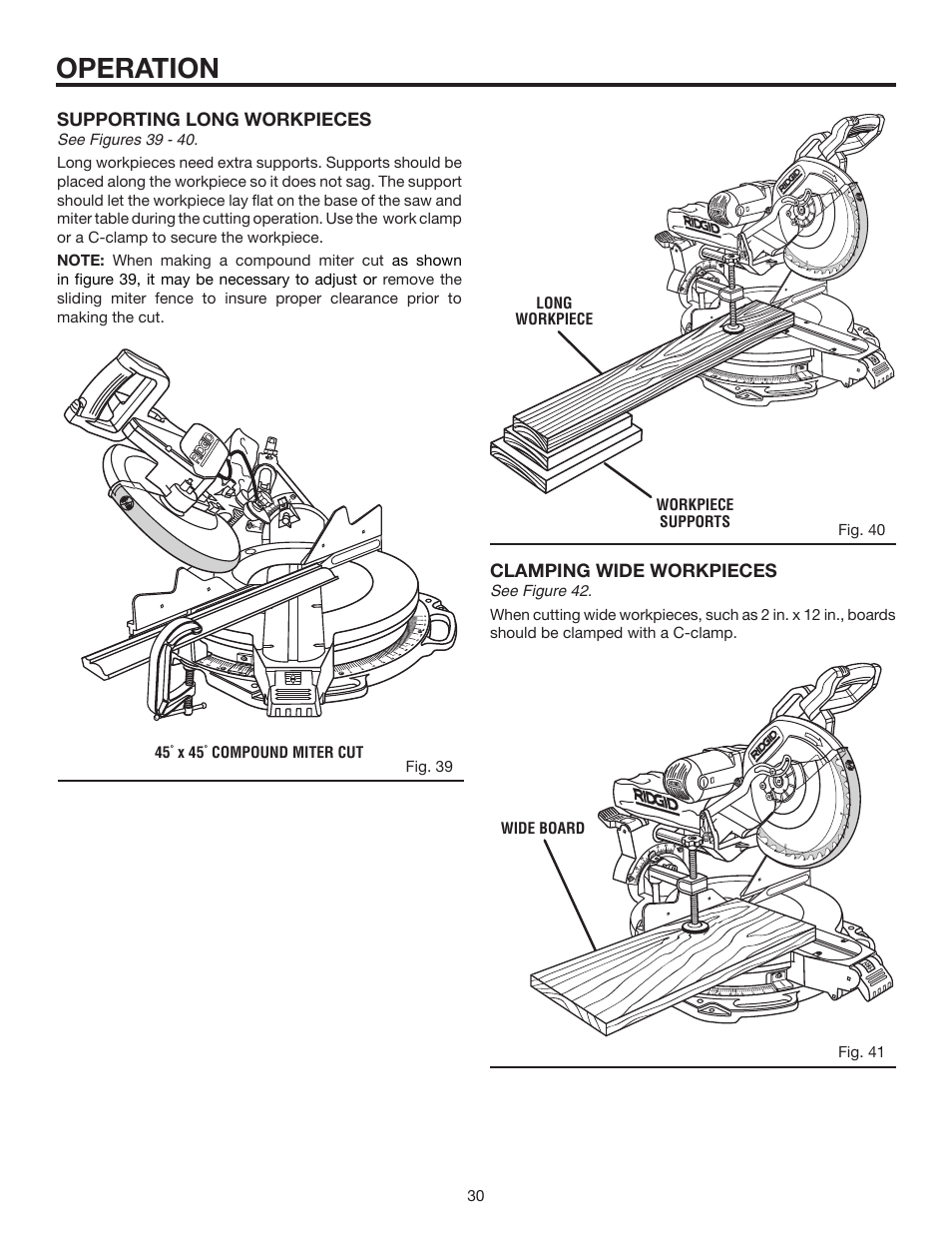 Operation, Supporting long workpieces, Clamping wide workpieces | RIDGID MS1290LZA User Manual | Page 30 / 40