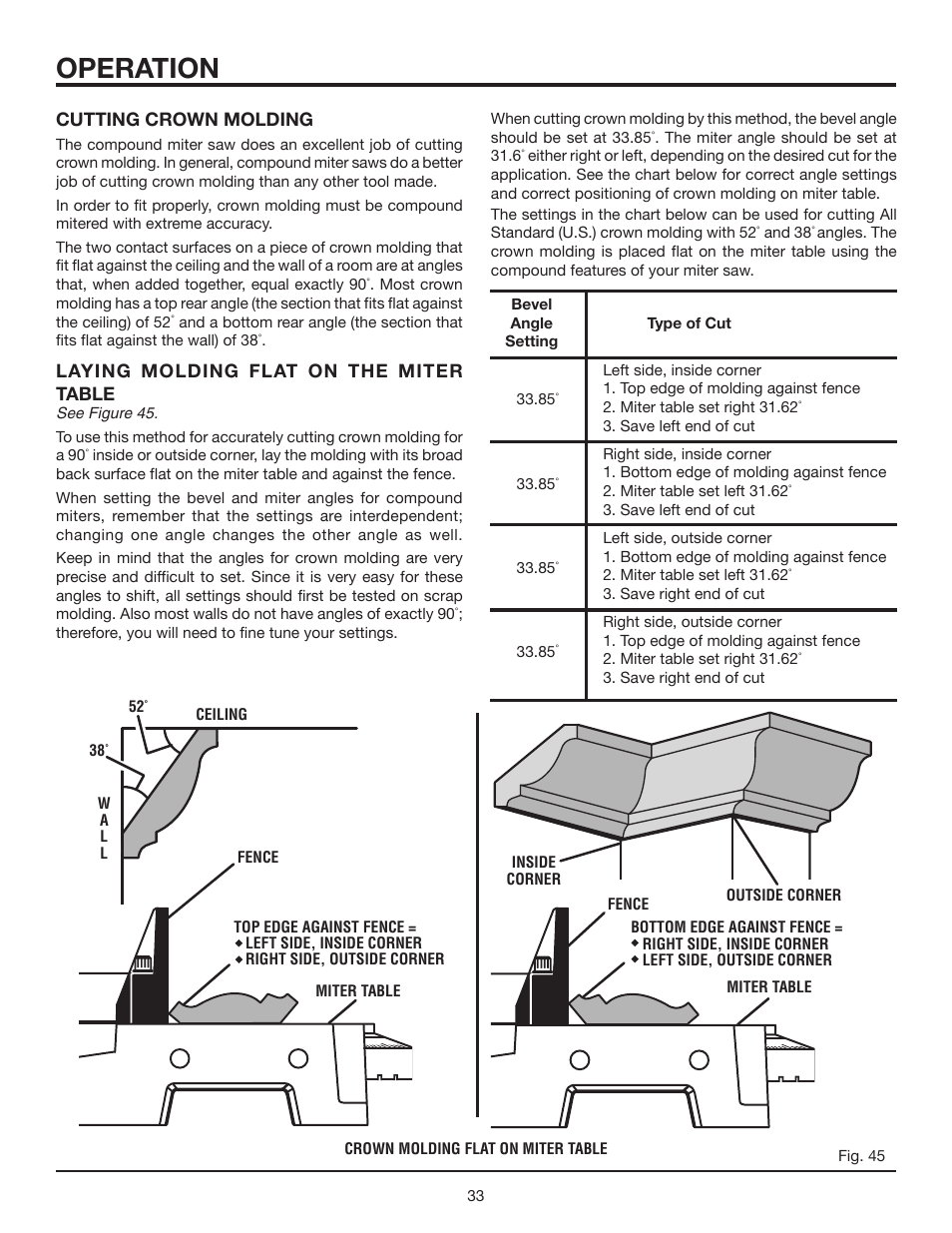 Operation, Cutting crown molding, Laying molding flat on the miter table | RIDGID MS1290LZA User Manual | Page 33 / 40