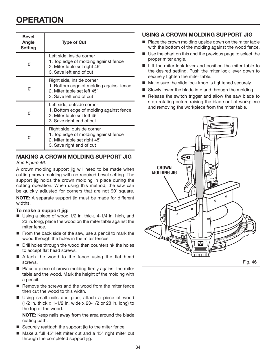 Operation, Making a crown molding support jig, Using a crown molding support jig | RIDGID MS1290LZA User Manual | Page 34 / 40
