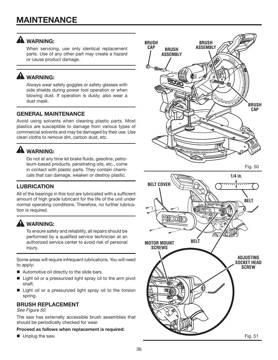 Maintenance | RIDGID MS1290LZA User Manual | Page 36 / 40
