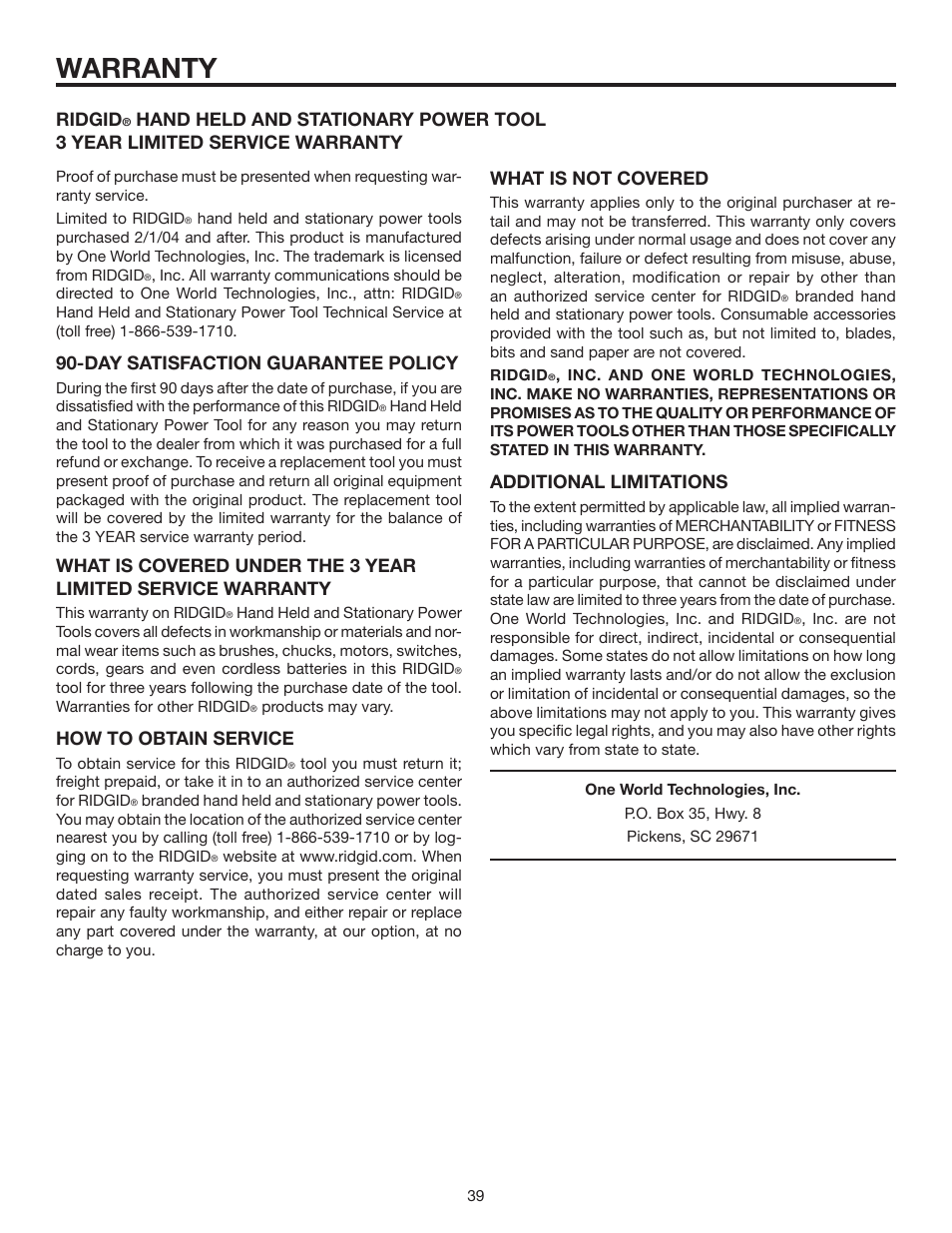 Warranty, Day satisfaction guarantee policy, How to obtain service | Ridgid, Additional limitations | RIDGID MS1290LZA User Manual | Page 39 / 40