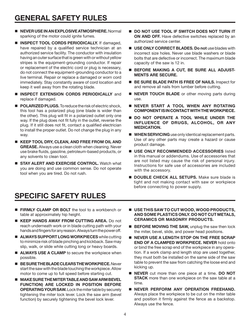 General safety rules, Specific safety rules | RIDGID MS1290LZA User Manual | Page 4 / 40