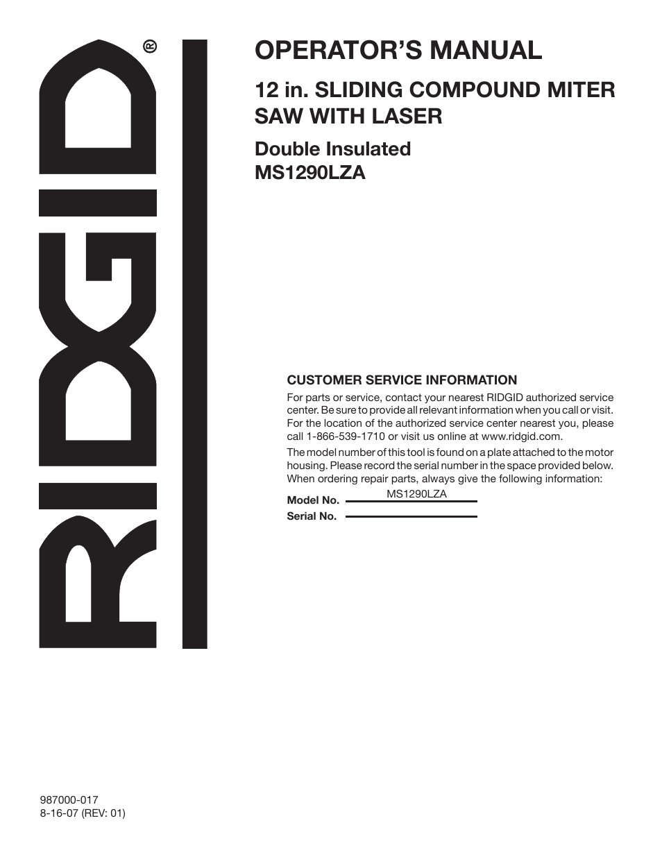 Operator’s manual, 12 in. sliding compound miter saw with laser, Double insulated ms1290lza | RIDGID MS1290LZA User Manual | Page 40 / 40
