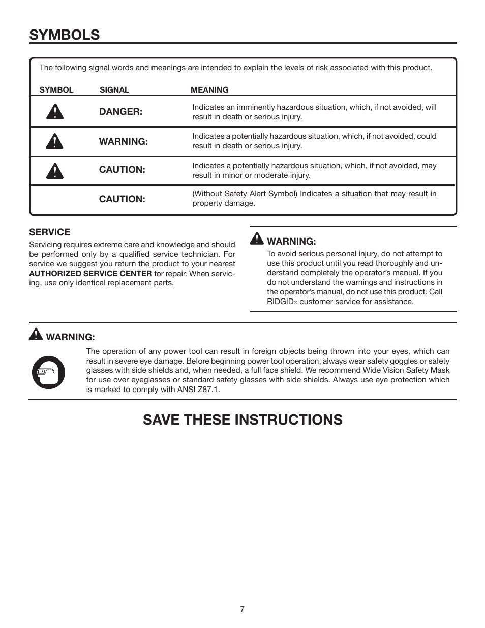 Symbols, Save these instructions | RIDGID MS1290LZA User Manual | Page 7 / 40
