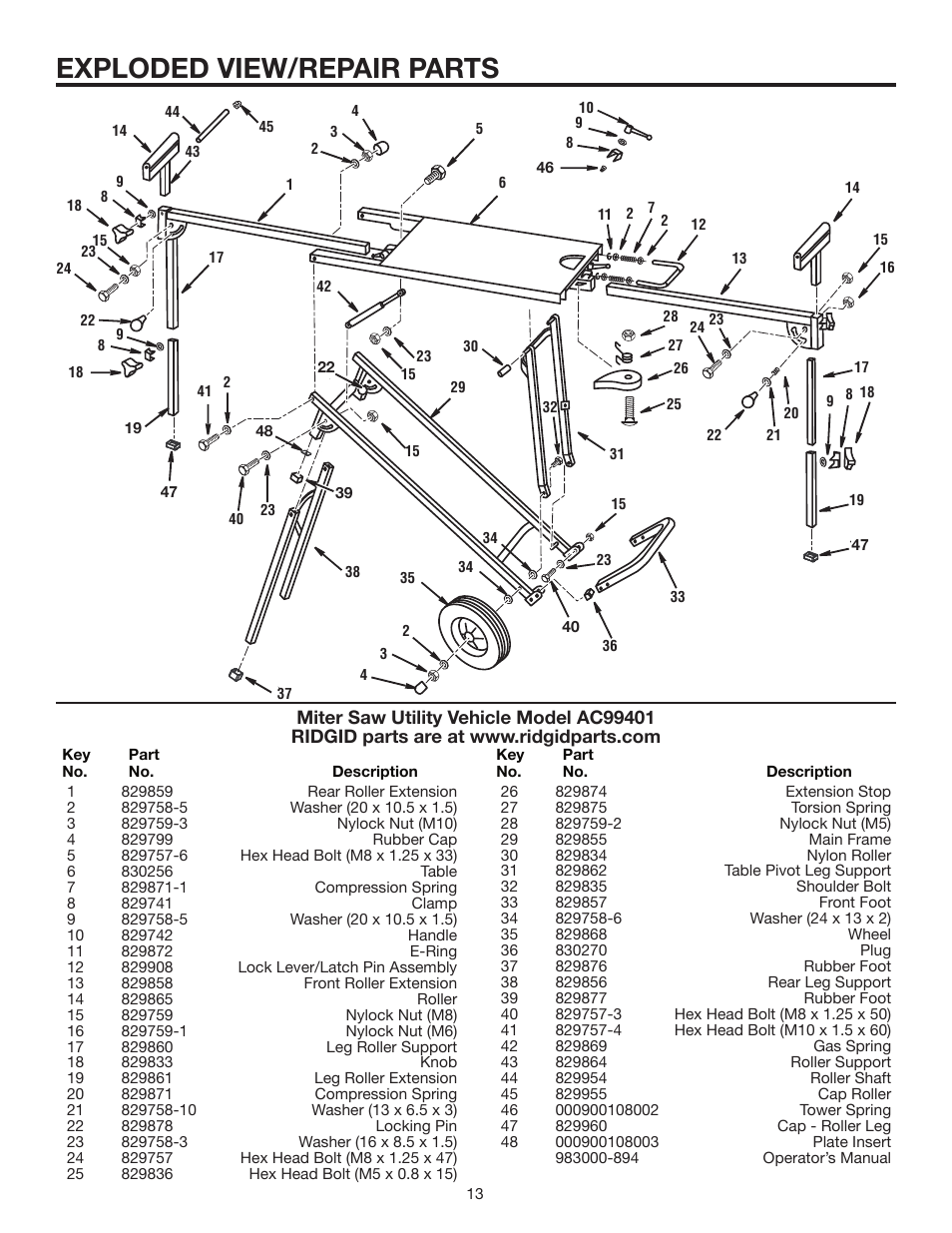 Exploded view/repair parts | RIDGID AC99401 User Manual | Page 13 / 16