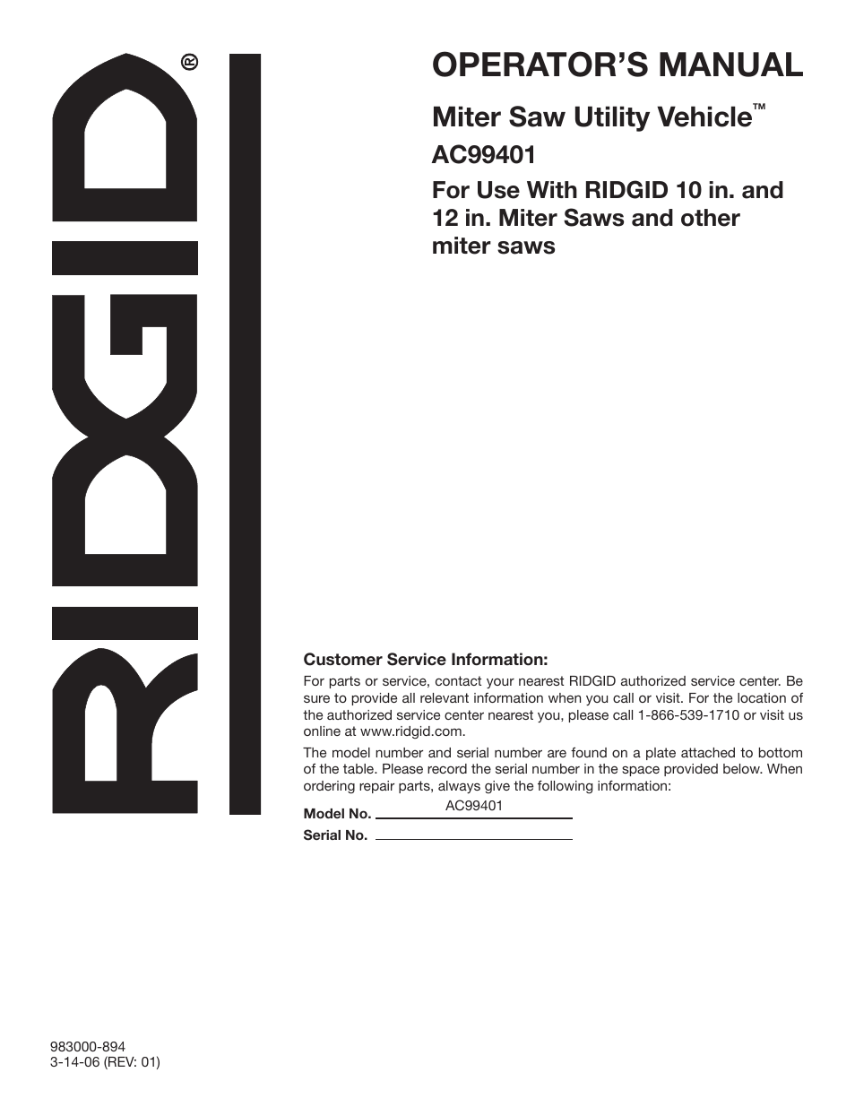 Operator’s manual, Miter saw utility vehicle | RIDGID AC99401 User Manual | Page 16 / 16