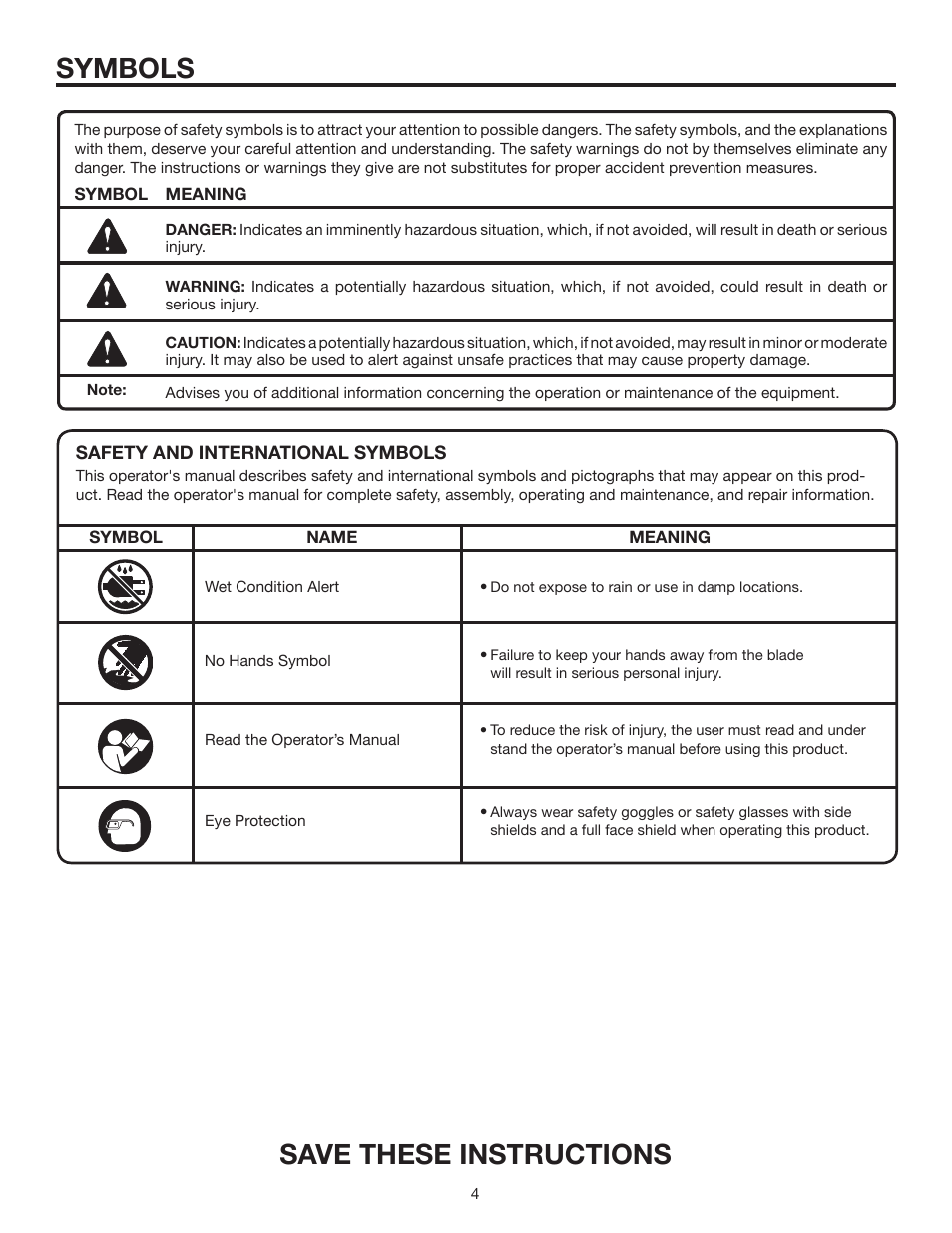 Symbols, Save these instructions | RIDGID AC99401 User Manual | Page 4 / 16