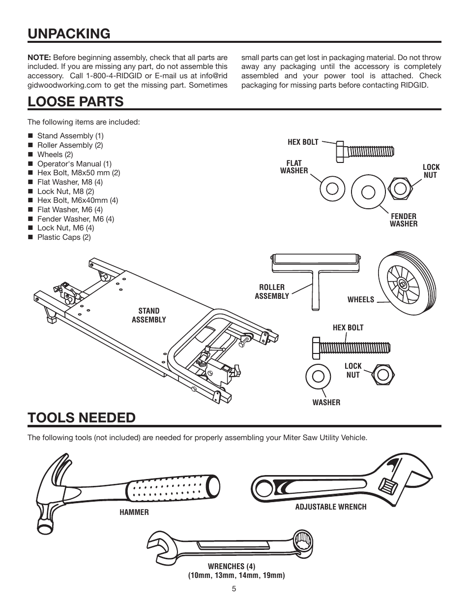 Unpacking, Tools needed, Loose parts | RIDGID AC99401 User Manual | Page 5 / 16