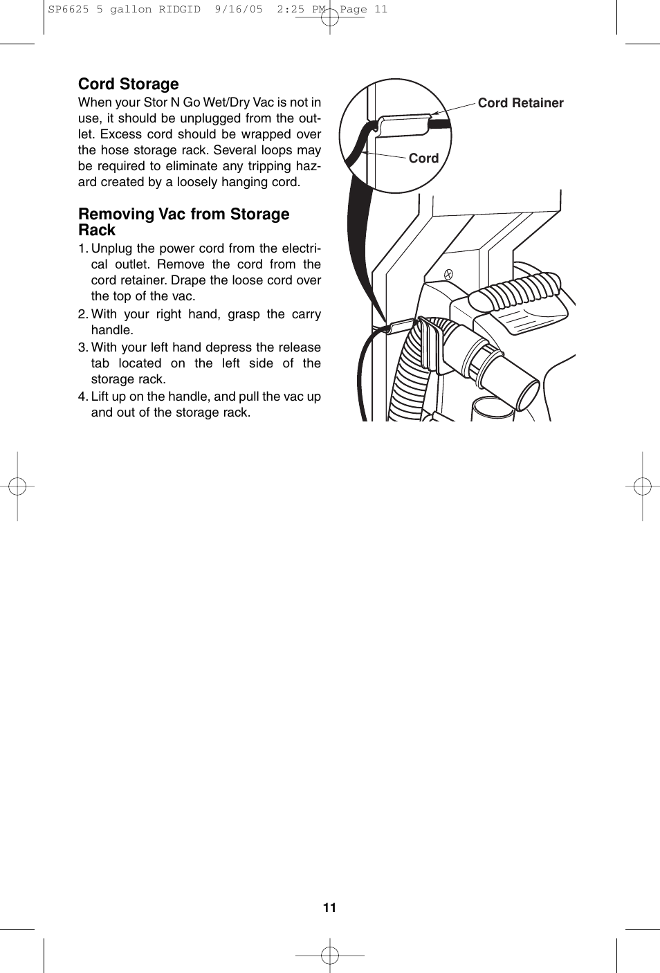 Cord storage, Removing vac from storage rack | RIDGID WD55000 User Manual | Page 11 / 40