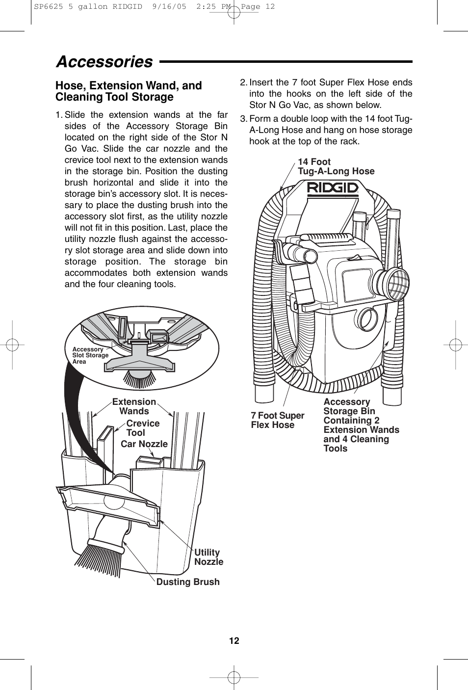 Accessories, Hose, extension wand, and cleaning tool storage | RIDGID WD55000 User Manual | Page 12 / 40