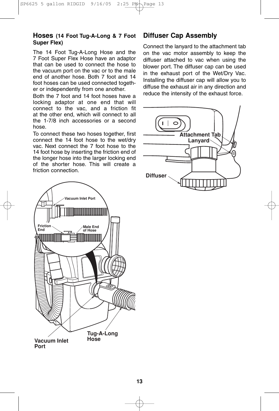 Hoses, Diffuser cap assembly | RIDGID WD55000 User Manual | Page 13 / 40