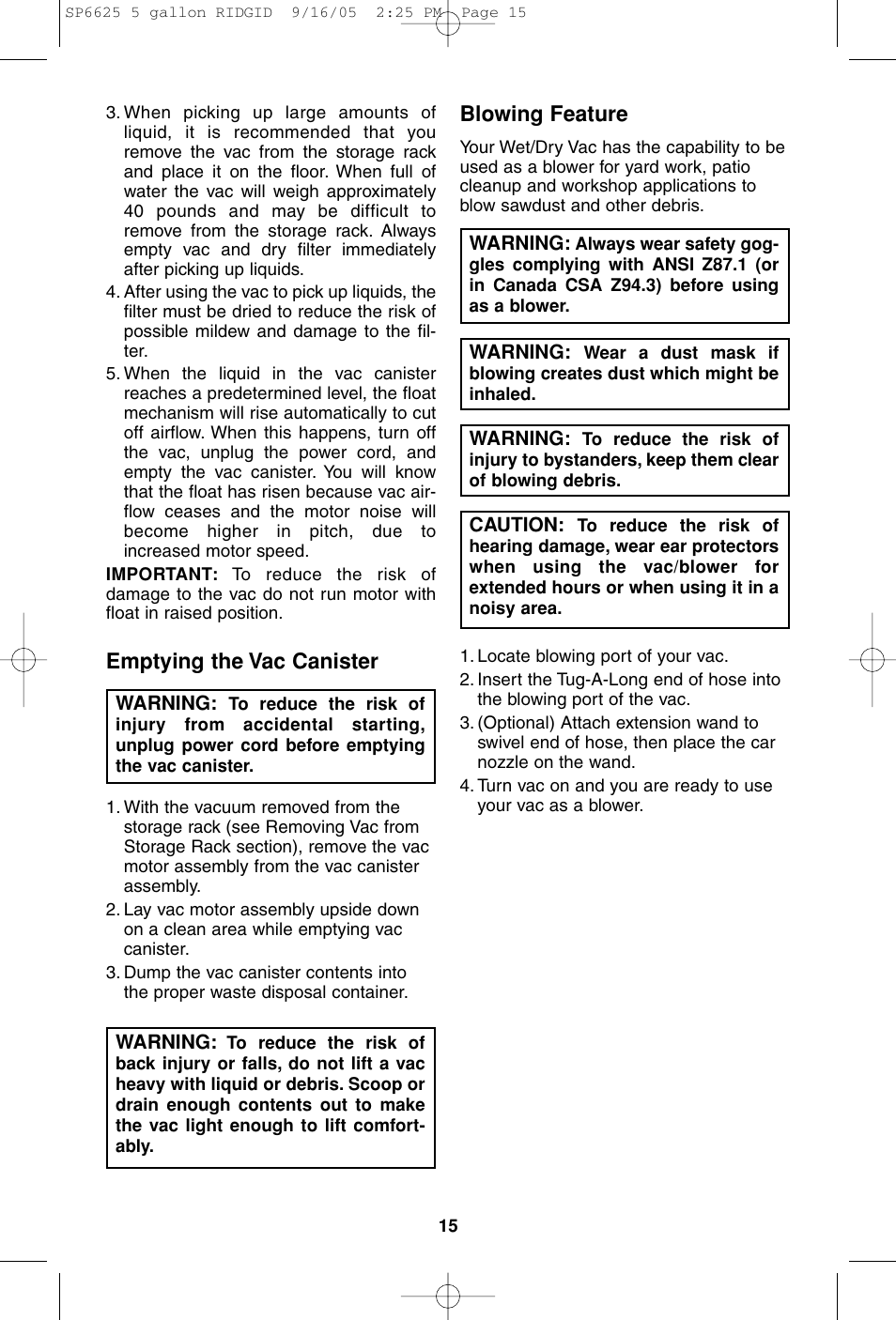Emptying the vac canister, Blowing feature | RIDGID WD55000 User Manual | Page 15 / 40