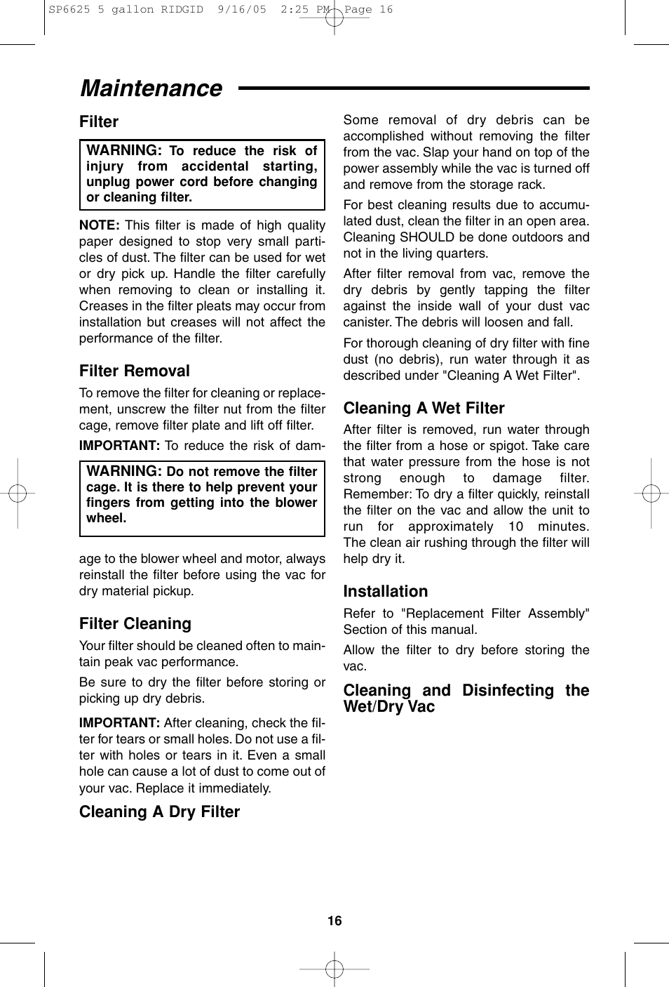 Maintenance | RIDGID WD55000 User Manual | Page 16 / 40