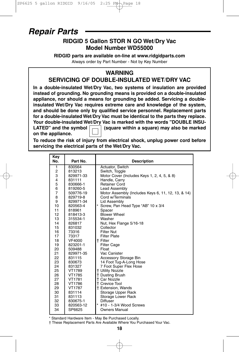 Repair parts, Warning servicing of double-insulated wet/dry vac | RIDGID WD55000 User Manual | Page 18 / 40