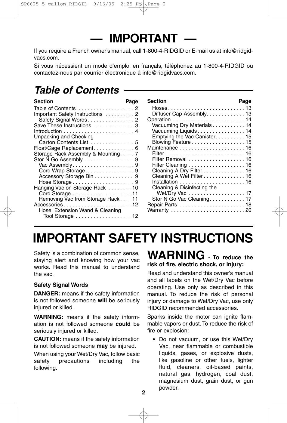 RIDGID WD55000 User Manual | Page 2 / 40