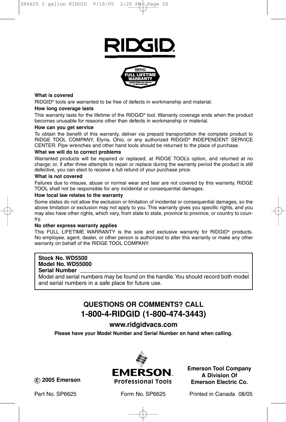 Questions or comments? call | RIDGID WD55000 User Manual | Page 20 / 40