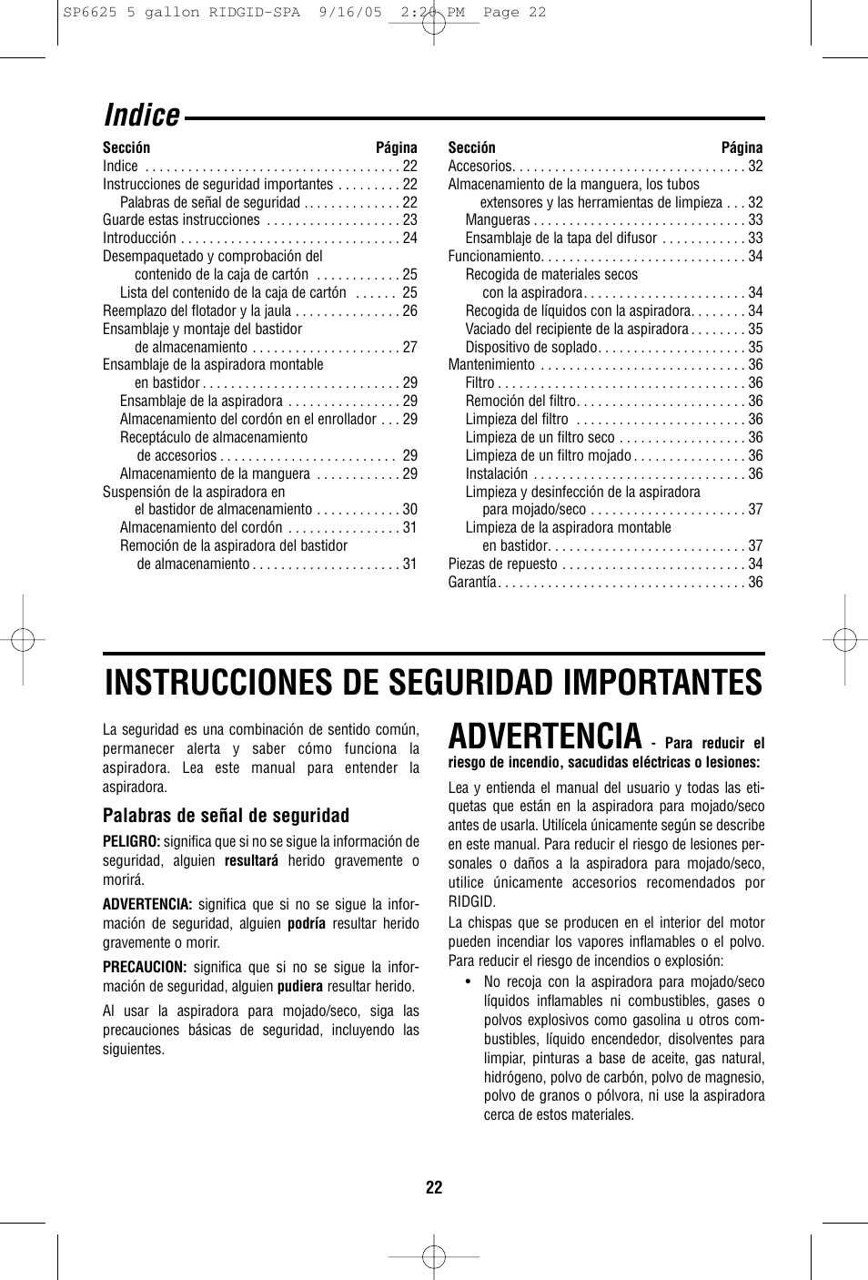 Instrucciones de seguridad importantes, Advertencia, Indice | RIDGID WD55000 User Manual | Page 22 / 40