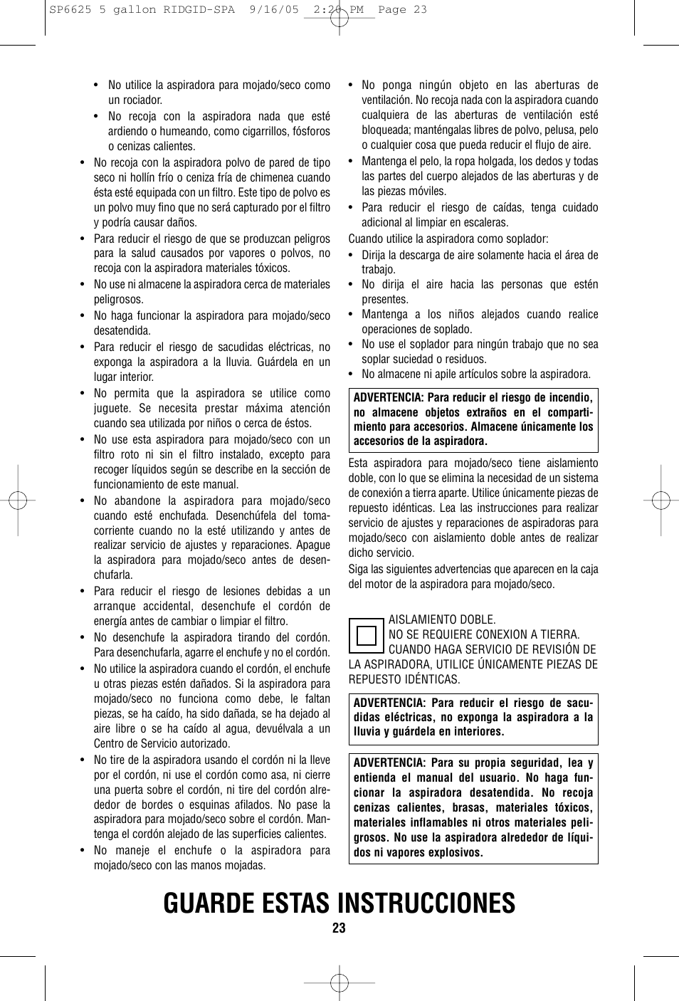 Guarde estas instrucciones | RIDGID WD55000 User Manual | Page 23 / 40