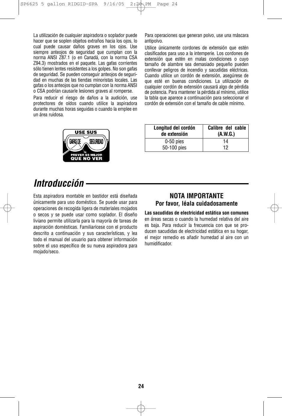 Introducción, Nota importante | RIDGID WD55000 User Manual | Page 24 / 40