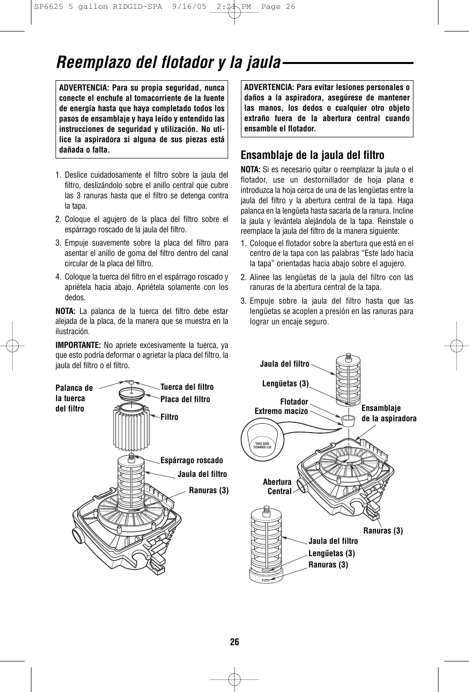 Reemplazo del flotador y la jaula, Ensamblaje de la jaula del filtro | RIDGID WD55000 User Manual | Page 26 / 40