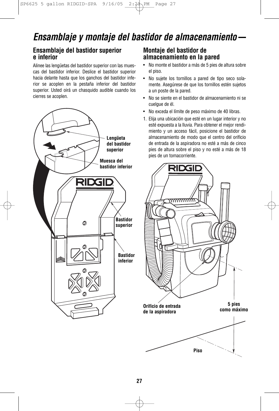 Ensamblaje del bastidor superior e inferior, Montaje del bastidor de almacenamiento en la pared | RIDGID WD55000 User Manual | Page 27 / 40