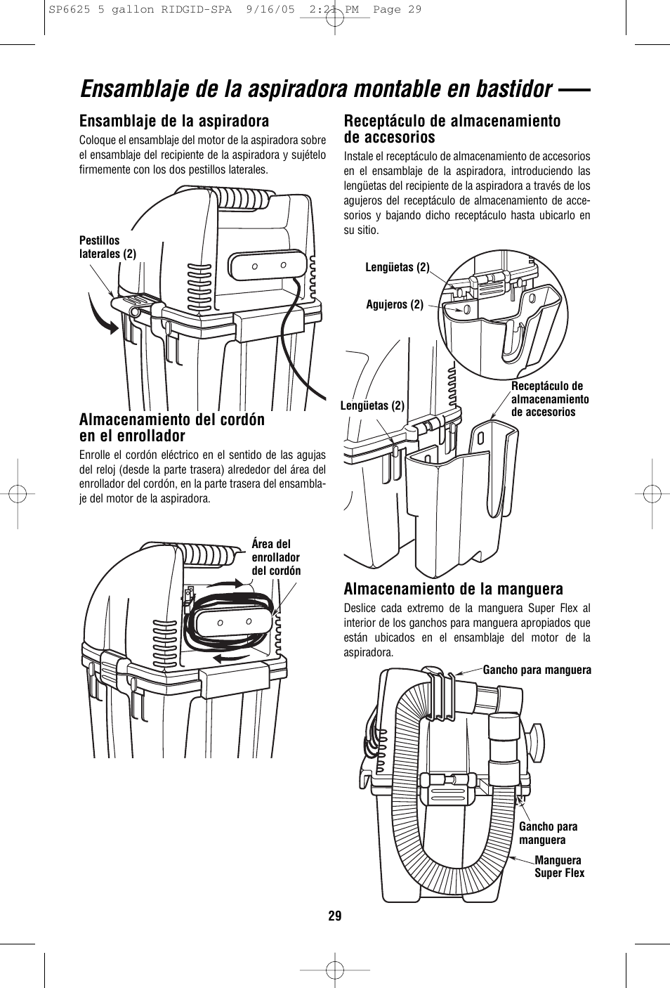 Ensamblaje de la aspiradora montable en bastidor, Ensamblaje de la aspiradora, Receptáculo de almacenamiento de accesorios | Almacenamiento de la manguera, Almacenamiento del cordón en el enrollador | RIDGID WD55000 User Manual | Page 29 / 40