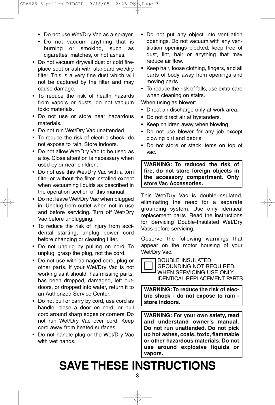 Save these instructions | RIDGID WD55000 User Manual | Page 3 / 40