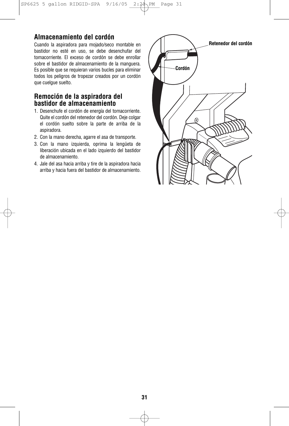 Almacenamiento del cordón | RIDGID WD55000 User Manual | Page 31 / 40