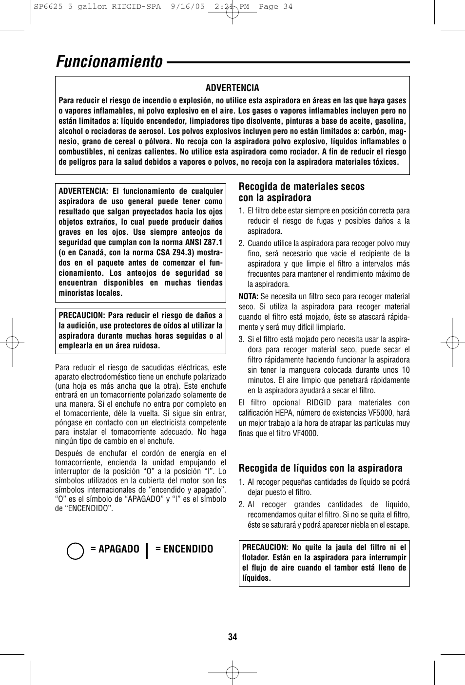 Funcionamiento | RIDGID WD55000 User Manual | Page 34 / 40