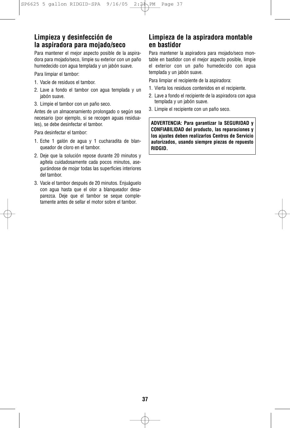 Limpieza de la aspiradora montable en bastidor | RIDGID WD55000 User Manual | Page 37 / 40