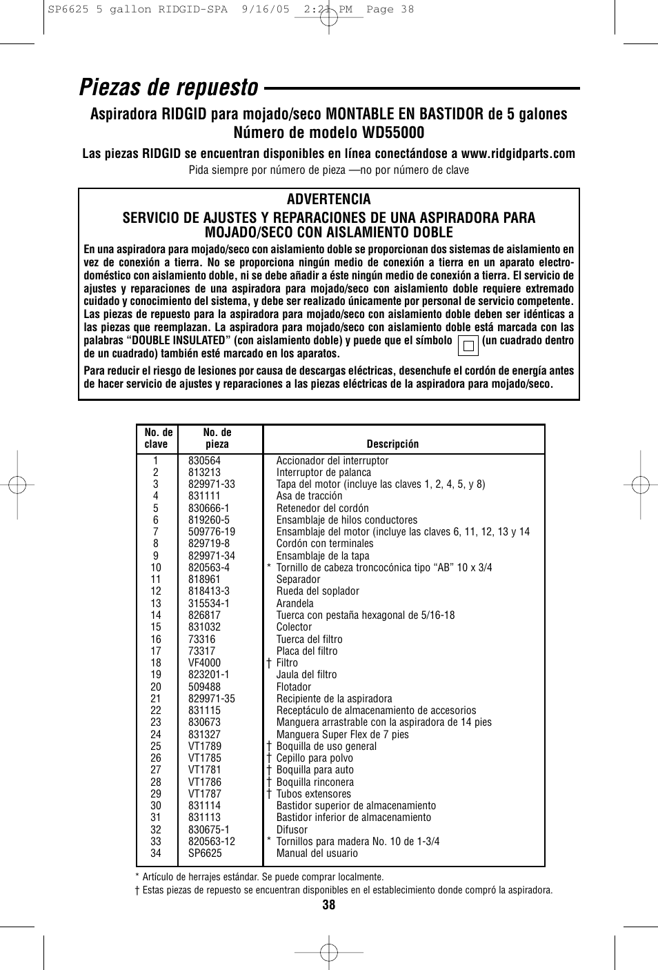 Piezas de repuesto | RIDGID WD55000 User Manual | Page 38 / 40
