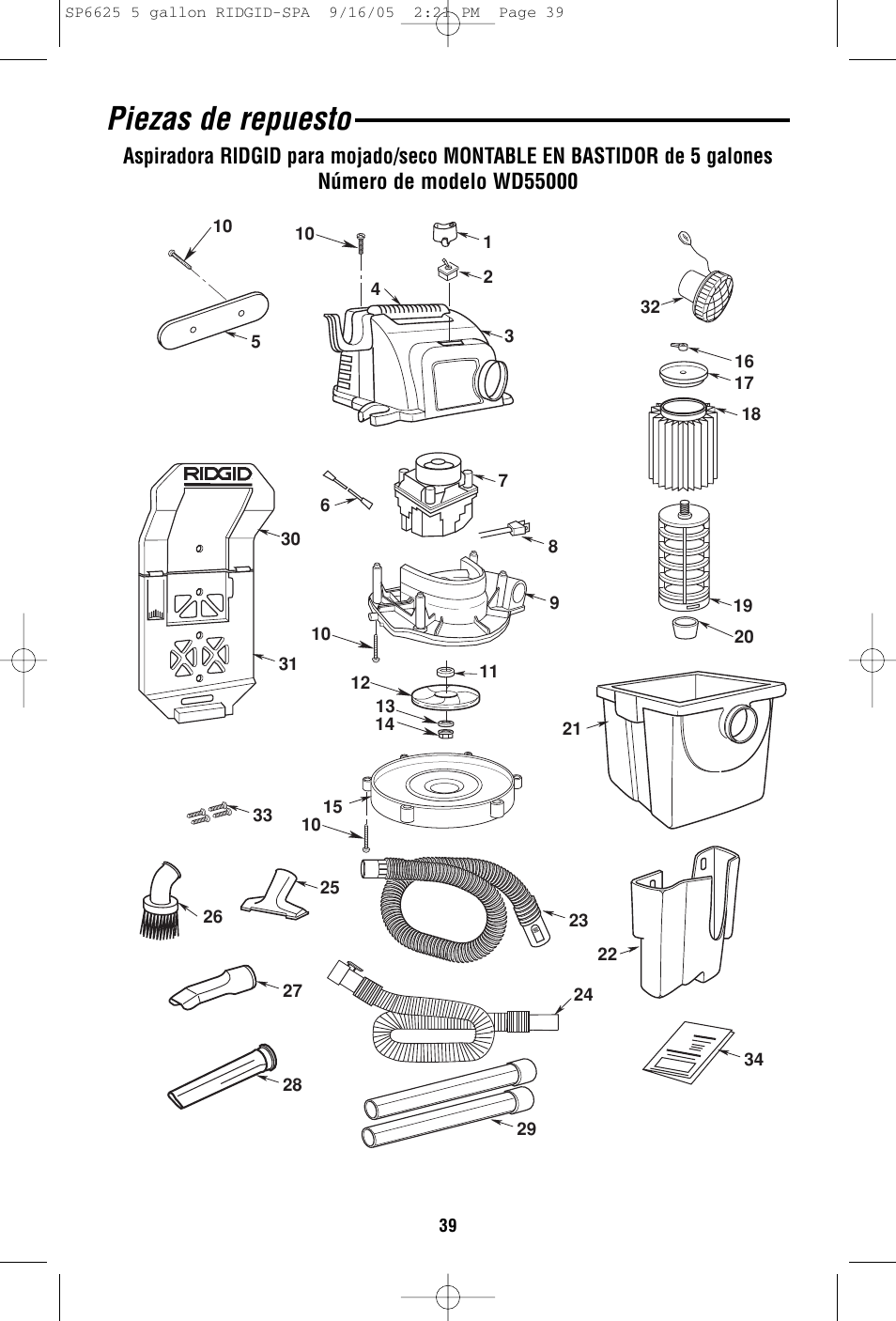 Piezas de repuesto | RIDGID WD55000 User Manual | Page 39 / 40