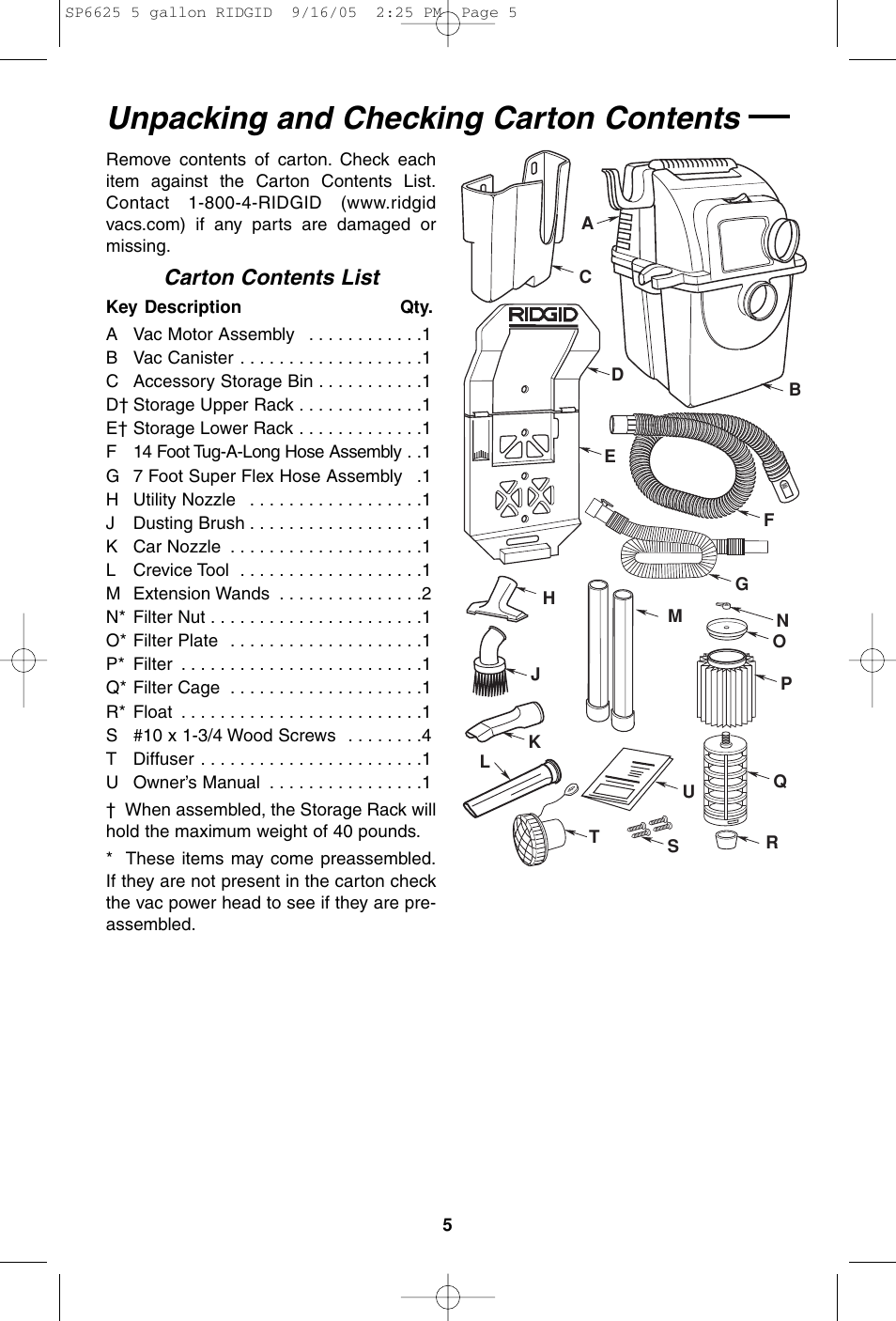 Unpacking and checking carton contents, Carton contents list | RIDGID WD55000 User Manual | Page 5 / 40